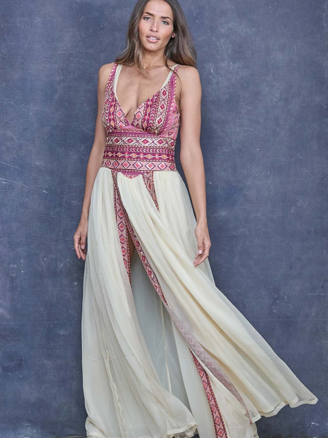 Indira Evening Dress Cream & Violet